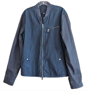 John Varvatos USA Blue/Gray Distressed Front Zip Bomber Jacket, Size Medium